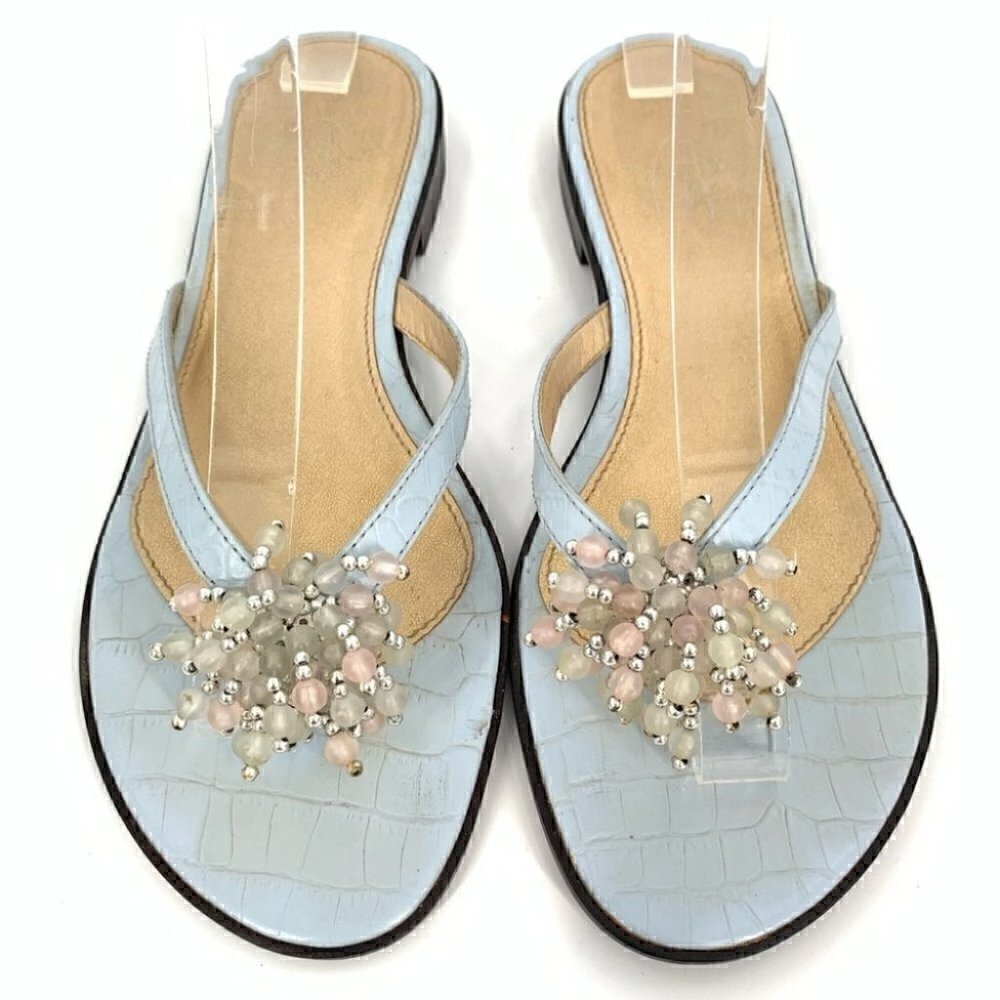Talbots womens sandals size 5 blue leather tortoise embossed beaded flop flops